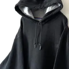 チャンピオン ロゴ 刺繍 肉厚スウェット パーカー L ブラック 黒 古着