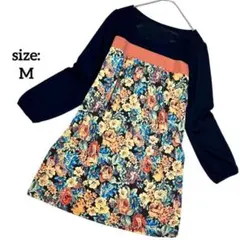 【美品】 長袖 チュニック 花柄 M レトロ 華やか 上品 ラウンドネック