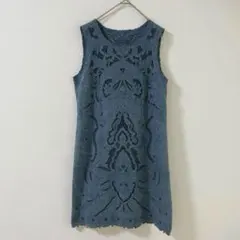 4805 一点もの　レース刺繍チュニック　ワンピース　ノースリーブ　青　L