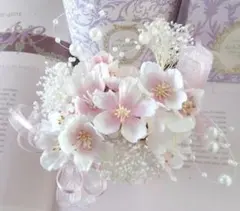 桜とかすみ草とパールリボンの髪飾り10点セット 卒業式髪飾り。結婚式成人式髪飾
