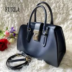 FURLAフルラミラノS レザー2wayハンドバッグショルダーバッグネイビー