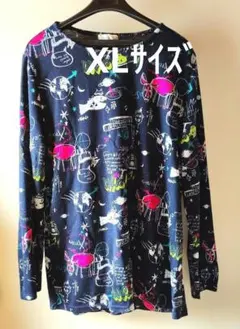 【美品】ブラック長袖カットソー　カラフルプリント　XLサイズ　長袖　used