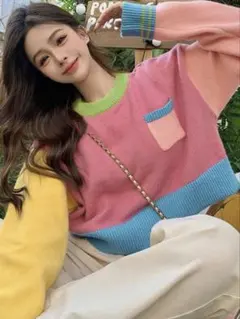 SHEIN コントラストカラーラウンドネック 長袖ニットセーター　派手　カラフルのサムネイル