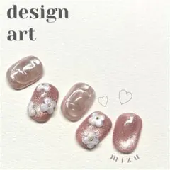 サイズオーダー　ネイルチップ　マグネット　フラワー　お花　ピンク　パール　春　桜