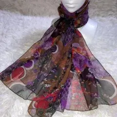 ヴィンテージ 和柄風 花柄×ペイズリー シフォンロングスカーフ276