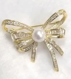 【AFP】淡水パール 淡水真珠 ブローチ リボン ゴールド blo-2404