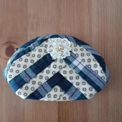 ハンドメイド　チェック柄花モチーフポーチ