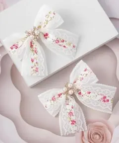 フローラル刺繍レースリボンヘアクリップ 2個セット ガールズ