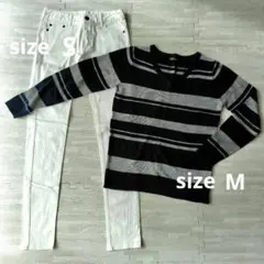 コーデ売り 未使用 ネイビーストライプセーターとホワイトスキニーデニムセット