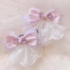 ハンドメイド リボン ヘアゴム ツイン ねこ にゃんこ キッズ レース