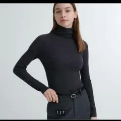 エクストラファインメリノリブタートルネックセーター（長袖）　M ダークグレー