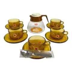カメイガラス カップ＆ソーサー 琥珀　ティーポット　スプーンセット　25ク413
