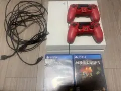 PlayStation 4 本体 ホワイト 赤コントローラー2つ　カセット