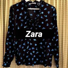 最終値下げ‼️【美品】ZARA 花柄 長袖ブラウス 黒/青 フリルとビジュー付き