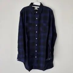 メンズ Mサイズ ネイビーとブラックのチェック長袖ネルシャツ