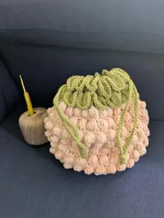 かぎ編みの巾着袋＊ハンドメイド＊薄ピンク、黄緑