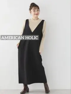 k0422 AMERICAN HOLIC 両Vネックワンピース　ブラックのサムネイル