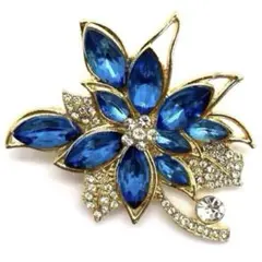 花モチーフ ラインストーン ブローチ ブルー ヴィンテージ風 アンティーク調