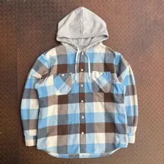 00s ヘビネル シャツフーディ パーカー ブロックチェック フードネル