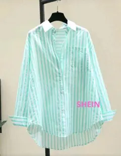 【サイズXS】SHEIN ミントグリーンストライプ長袖シャツ