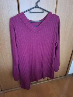 リブ編み Vネックセーター ワインレッド Lサイズ