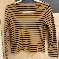 GU BASIC TEE ボーダー 長袖 カットソー ブラウン M