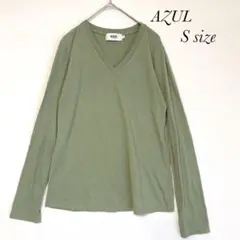 アズール Vネック 長袖 Tシャツ ロンT グリーン シンプル S a0511