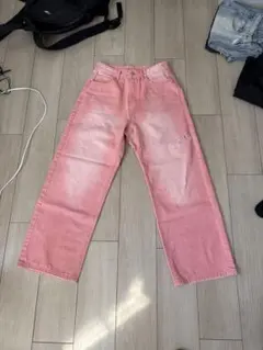 Sサイズ ピンク ワイドデニムパンツ ダメージ加工