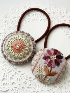 【No.278】インド刺繍 くるみボタン38㎜ ヘアゴム 2個セット
