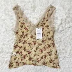 ZARA ザラ 花柄キャミソール S 黄色 レーヨン シフォン レース タグ付きのサムネイル