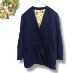 ダブルブレスト ノーカラージャケット ネイビー レトロ 金ボタン 4346