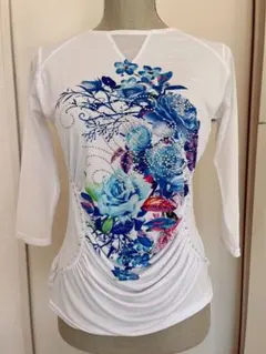 社交ダンス青いバラプリント 7分袖レッスンウェア