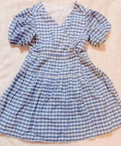 ZARA 青と白のギンガムチェック カシュクールワンピース 128 旅行