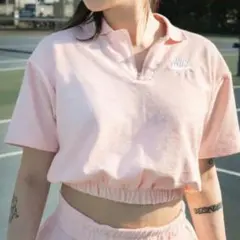 【NIKE 】ナイキ　ハーフジップ　ポロシャツ　クロップド丈　半袖　ピンク　S