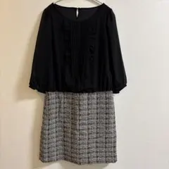 組曲フリル付き黒・白ツイード風ワンピース