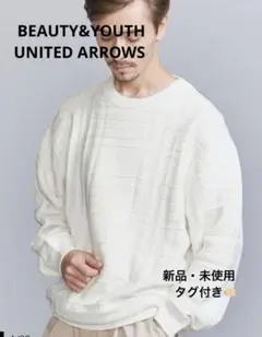 BEAUTY&YOUTH 5ゲージチェック クルーネックニット　サイズL(白)