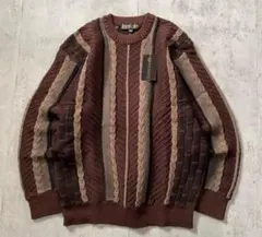 古着 レトロ PREAMOS ニットセーター ケーブルストライプ 茶 L