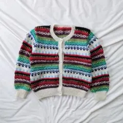 春アウター マルチカラー ボーダー ニットカーディガン 長袖 ショート丈 古着