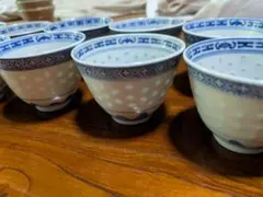 10個　中国景徳鎮　蛍手煎茶碗　煎茶道具　染付　湯呑み　中国茶器