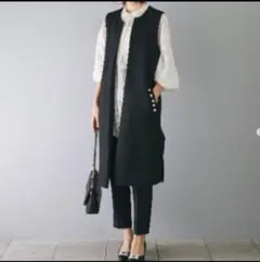 黒　ブラック　ジレ　ロングジレ　パールおしゃれ　上品