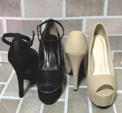 【美品】オープントゥパンプスベージュ&黒レースストラップパンプス2点セット