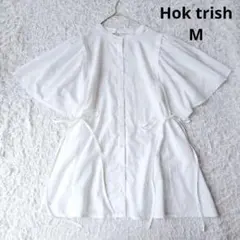 【Hok trish】半袖ブラウス　サイドリボン　チュニック フレア袖 白　М