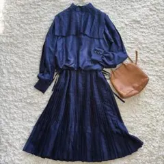昭和レトロ✨ 長袖 プリーツワンピース 2way 付け襟 レトロボタン 光沢感