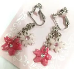 桜モチーフ イヤリング 2連フラワー ピンク/ハンドメイド