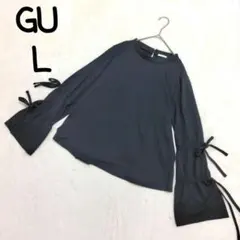 GU 長袖 Tシャツ リボン フレアスリーブ L 大きいサイズ 黒 春夏