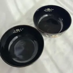 慶斎 陶器　どんぶり鉢　黒色花柄デザインの鉢・ボウル2個セット　和風　オシャレ