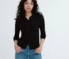 ユニクロ エクストラファインメリノ リブポロ カーディガン ブラック S