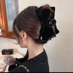 【上品ベルベット】大きめリボン ヘアクリップ ブラック 韓国風 ヘアアクセサリー