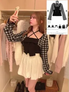 チェック柄シャギーボレロ×ホルタ-ネックリボンキャミソールニットアンサンブル