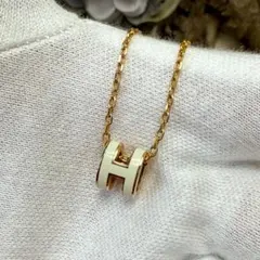 極美品 エルメス ポップH ミニ ネックレス ホワイト イエローゴールド